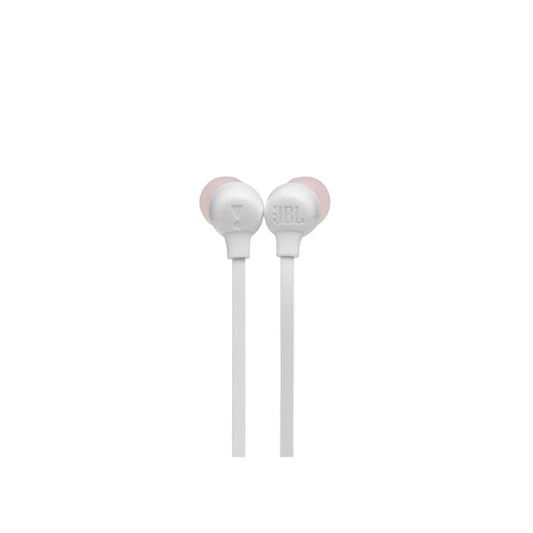 White JBL earbuds on a white background
