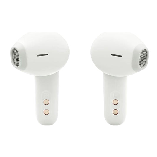 Pair of white wireless earbuds on a white background