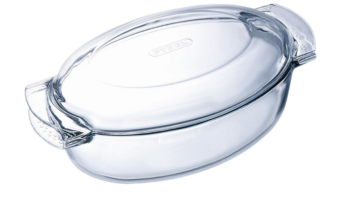 Large oval glass casserole dish