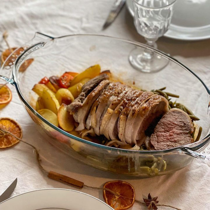 Large oval glass casserole dish