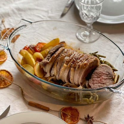 Large oval glass casserole dish