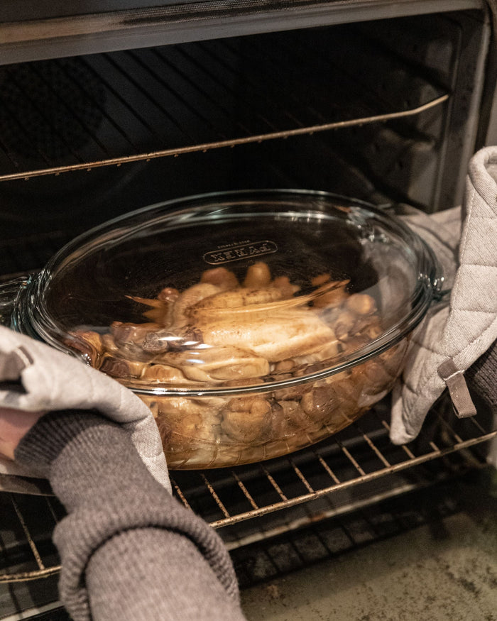 Large oval glass casserole dish