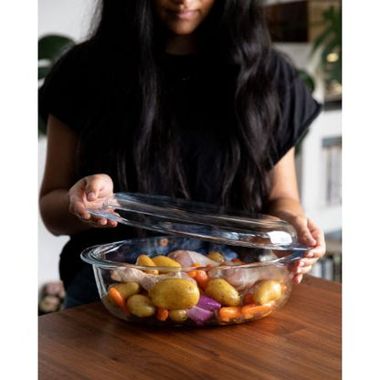 Large oval glass casserole dish