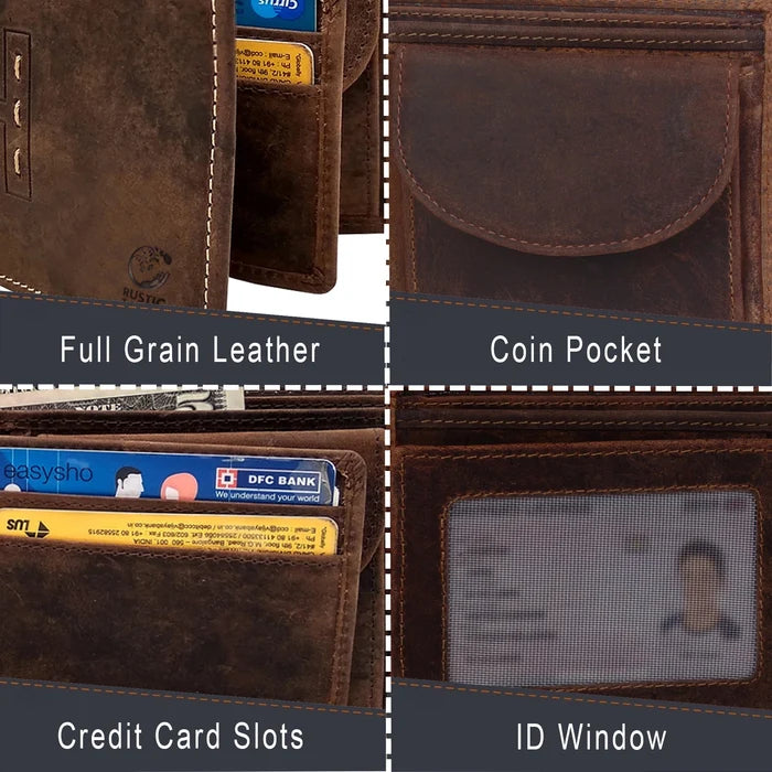 Leather Bifold Wallet for Men - RFID Protecting with Credit Card Slots and Coin Pocket (Brown)