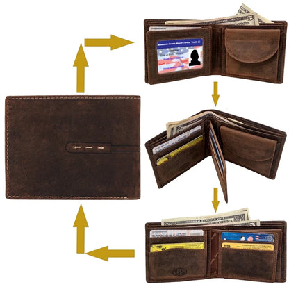 Leather Bifold Wallet for Men - RFID Protecting with Credit Card Slots and Coin Pocket (Brown)