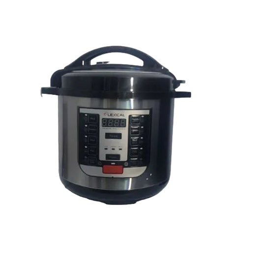 A Lexical brand electric pressure cooker made of stainless steel with a black handle and digital control panel.