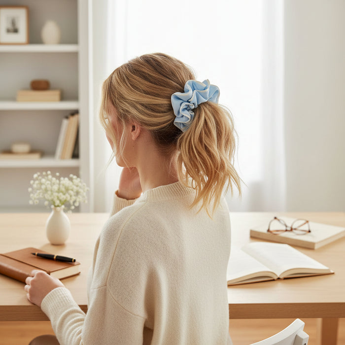 A young blonde woman sits at a desk, wearing a cream sweater and The Darling Effect's Light Blue Ruffle Up Scrunchie in her ponytail. Books and a journal are on the desk.
