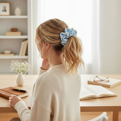 A young blonde woman sits at a desk, wearing a cream sweater and The Darling Effect's Light Blue Ruffle Up Scrunchie in her ponytail. Books and a journal are on the desk.