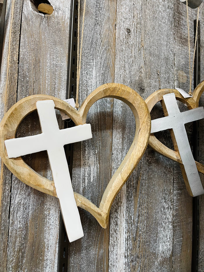 Mango Wood Heart with Cross Orn.