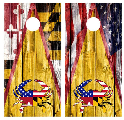 Maryland Flag American Flag Crab Barnwood Cornhole Design