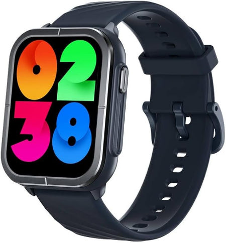 A MIRBO Smart Watch with a black band and a 1.85 inch HD touch screen displaying colorful numbers on the screen.