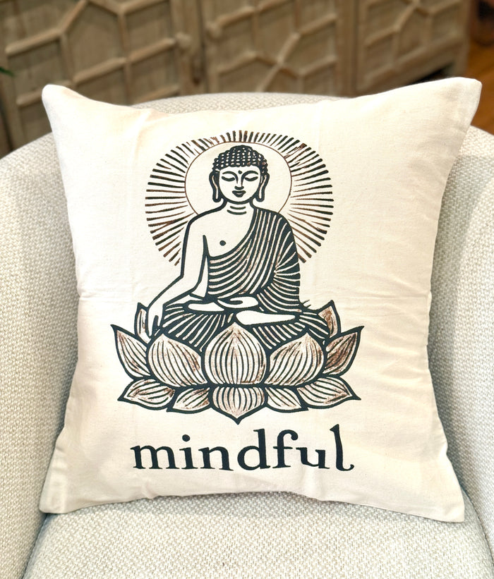 Decorative 20" x 20" Cotton Canvas Pillow Cover with Buddha sitting on a Lotus Flower with the word 'Mindful' underneath.