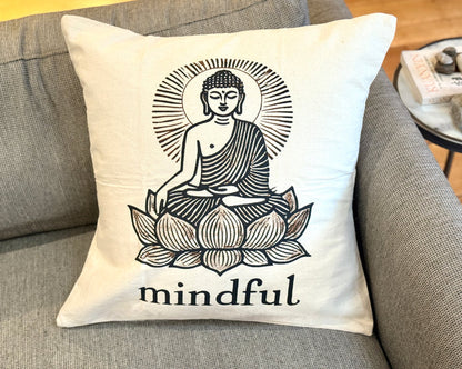 Decorative 20" x 20" Cotton Canvas Pillow Cover with Buddha sitting on a Lotus Flower with the word 'Mindful" underneath.