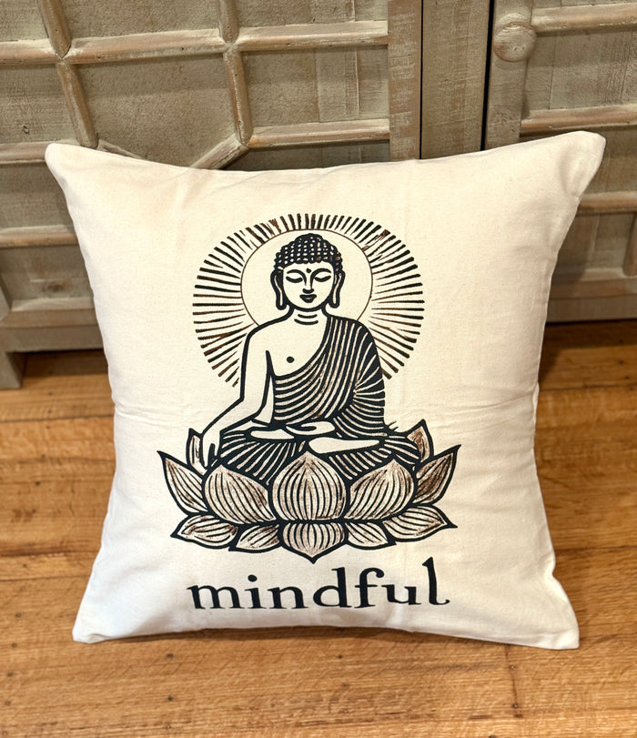 Decorative 20" x 20" Cotton Canvas Pillow Cover with Buddha sitting on a Lotus Flower with the word 'Mindful" underneath.