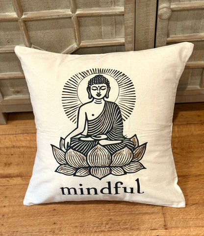 Decorative 20" x 20" Cotton Canvas Pillow Cover with Buddha sitting on a Lotus Flower with the word 'Mindful" underneath.