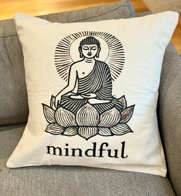 Decorative 20" x 20" Cotton Canvas Pillow Cover with Buddha sitting on a Lotus Flower with the word 'Mindful" underneath.