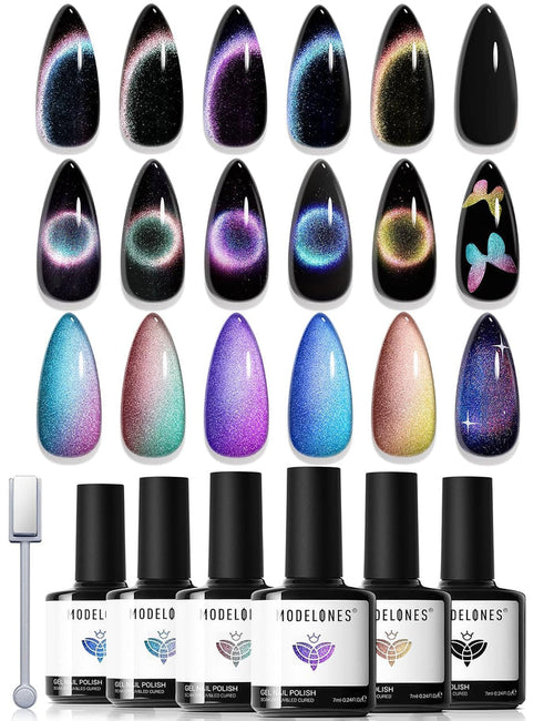 modelones Cat Eye Gel Nail Polish Set Glitter 6Colors Pink Blue Green