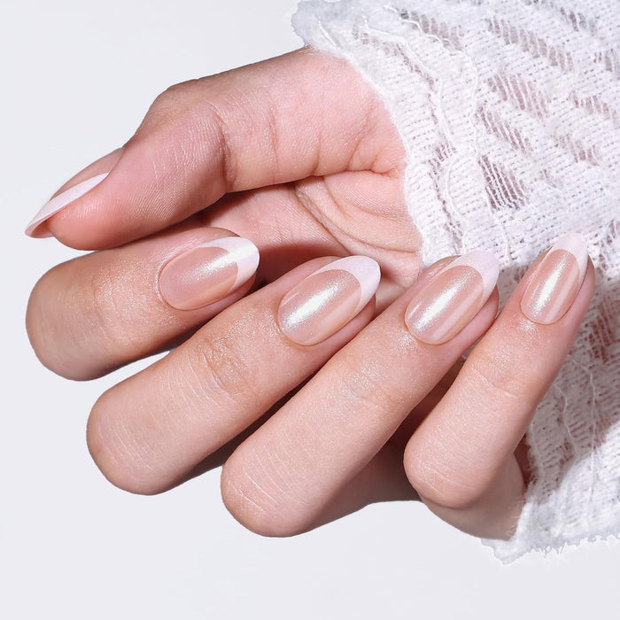Modelones French Tip Press on Nails Short Almond, Glazed Glitter Fake Nails