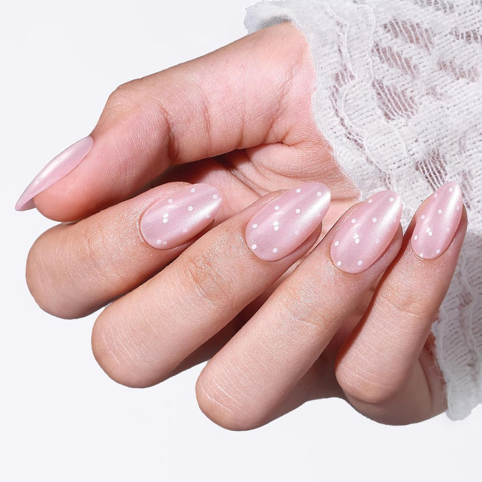 Modelones Short Almond Press on Nails Cat Eye Pink Polka Dot 32Pcs 16 Sizes