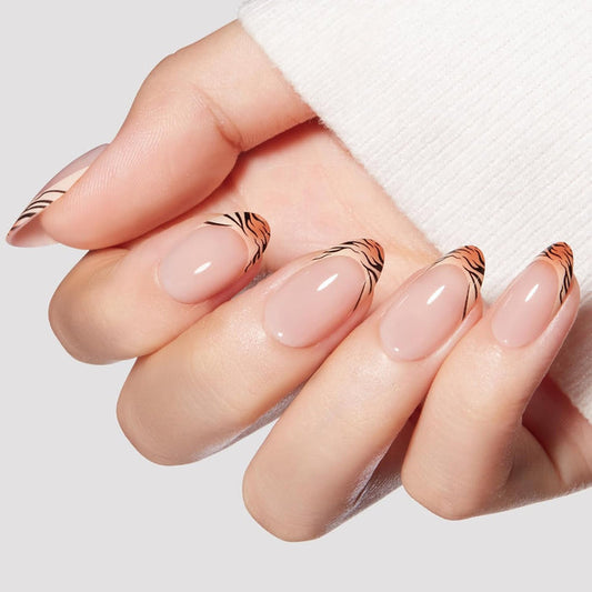 Modelones Zebra French Tip Press on Nails Short Almond 32Pcs Fake Nails