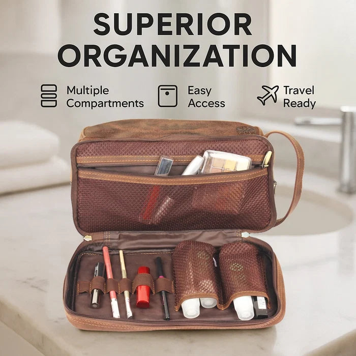 Nancy Leather Travel Makeup Bag (Brown)