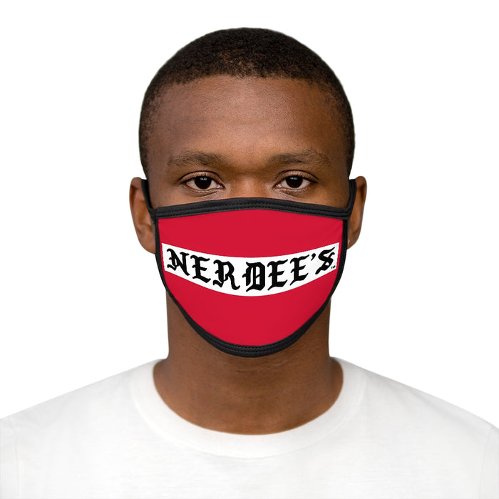 Nerdee's -  Old English White Banner - (WHT Design 01) - Mixed-Fabric Face Mask (Adult Large Fit) - Dark Red