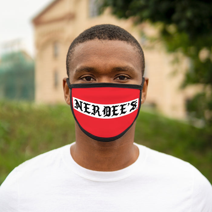 Nerdee's -  Old English White Banner - (WHT Design 01) - Mixed-Fabric Face Mask (Adult Large Fit) - Red