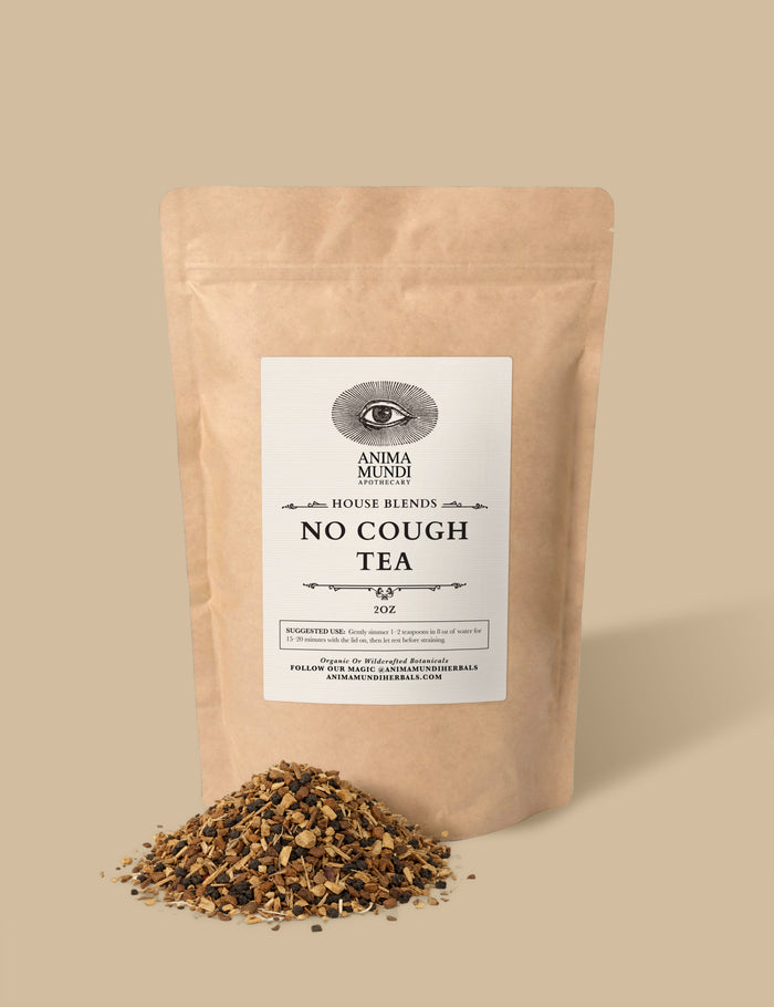 Bag of 'No Cough Tea' with a label on a beige background