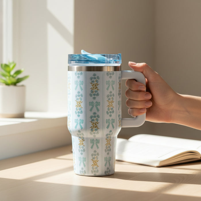 A hand holds the-darling-effect's Oh So Fancy Blue 20 oz Lifestyle Flip Straw Tumbler, featuring a floral pattern and blue lid, on a sunlit desk beside an open notebook and a small potted plant.