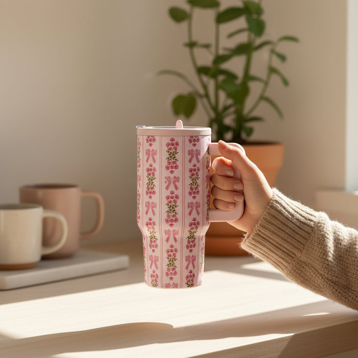 A hand holds the-darling-effect's Oh So Fancy Pink 20 oz Lifestyle Flip Straw Tumbler, adorned with florals and bows. Sunlight streams onto a table with mugs, a plate, and a plant. This insulated tumbler keeps drinks fresh on the go.