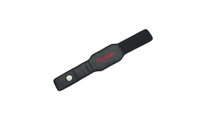 Hooga PEMF Belt exterior view showing black neoprene outer shell, embroidered Hooga logo and hook-and-loop closure strap