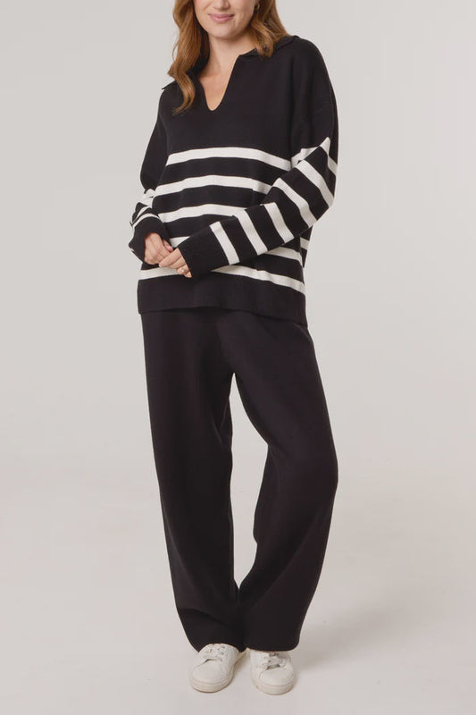 Open Collar Striped Jumper & Trouser Knitted Set - Black