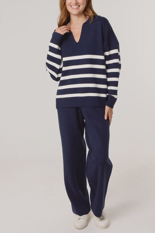 Open Collar Striped Jumper & Trouser Knitted Set - Navy