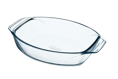 Oval glass baking dish with large handles for easy handling.
