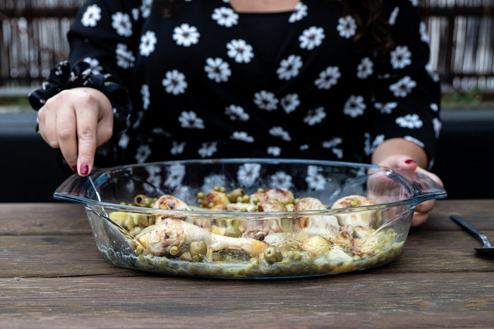 Oval glass baking dish with large handles