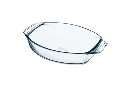 Oval glass baking dish with large handles for easy handling.