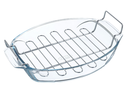 Oval glass baking dish with large handles and stainless steel baking rack.