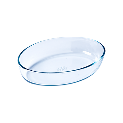 Oval glass baking dish.