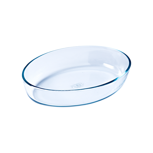 Oval glass baking dish.
