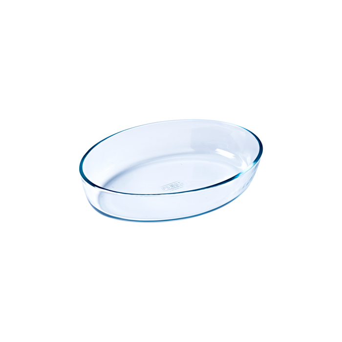 Oval glass baking dish.