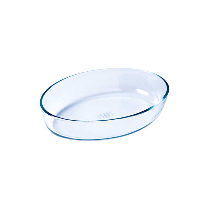 Oval glass baking dish.