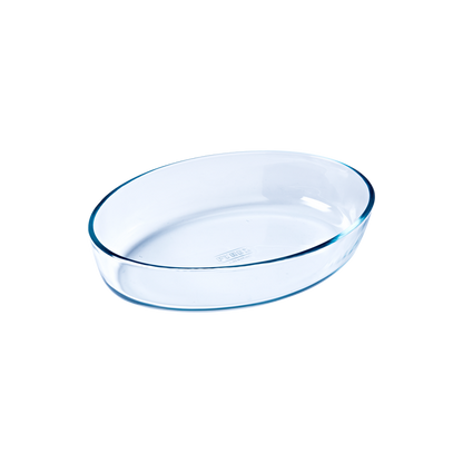 Oval glass baking dish.