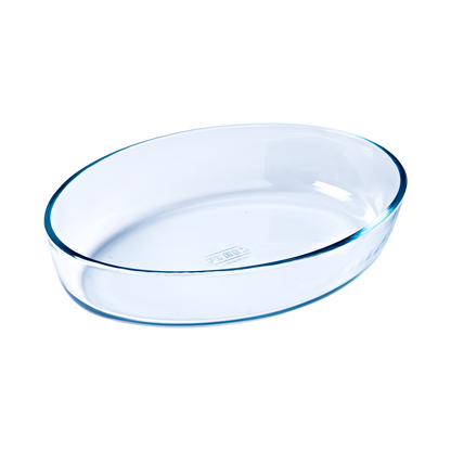 Oval glass baking dish.