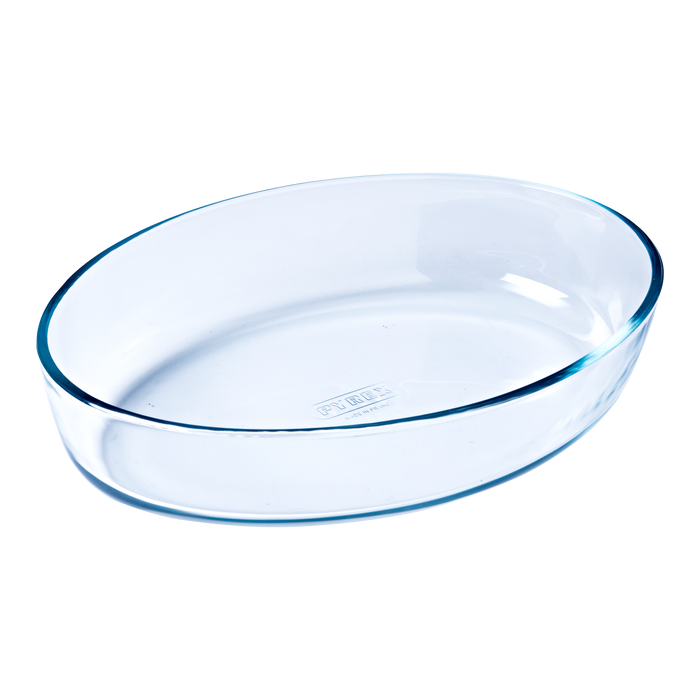 Oval glass baking dish.