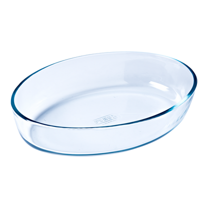 Oval glass baking dish.