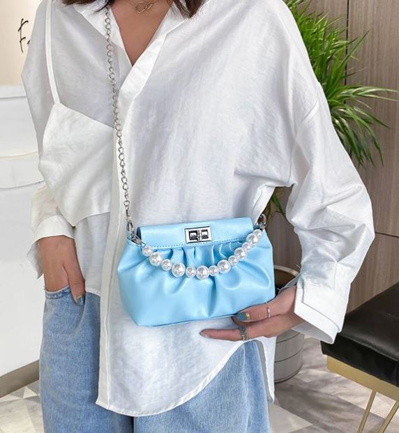 PB14 Light Blue Pearl Accent Shoulder Bag