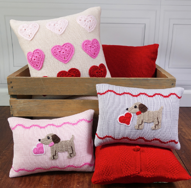 Pink Mini baby Puppy Pillow with Valentine's Heart, Handknit, Fair Trade