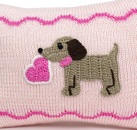 Pink Mini baby Puppy Pillow with Valentine's Heart, Handknit, Fair Trade