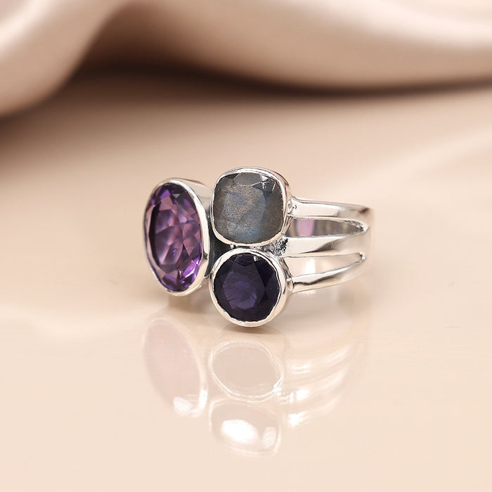 POM Sterling Silver Tri-Stone Ring With Amethyst, Iolite & Labradorite