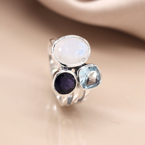 POM Sterling Silver Tri-Stone Ring With Moonstone, Iolite & Topaz